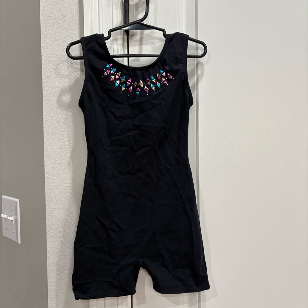 Freestyle Danskin black tank with shorts leotard with colored triangles GUC 6/6x